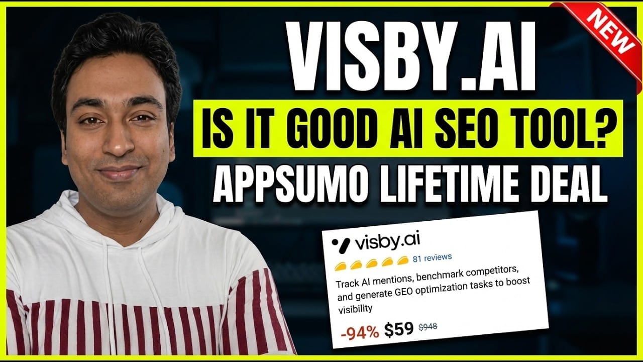 Visby AI review video thumbnail asking Is It a Good AI SEO Tool, with the AppSumo lifetime deal card for visby.ai