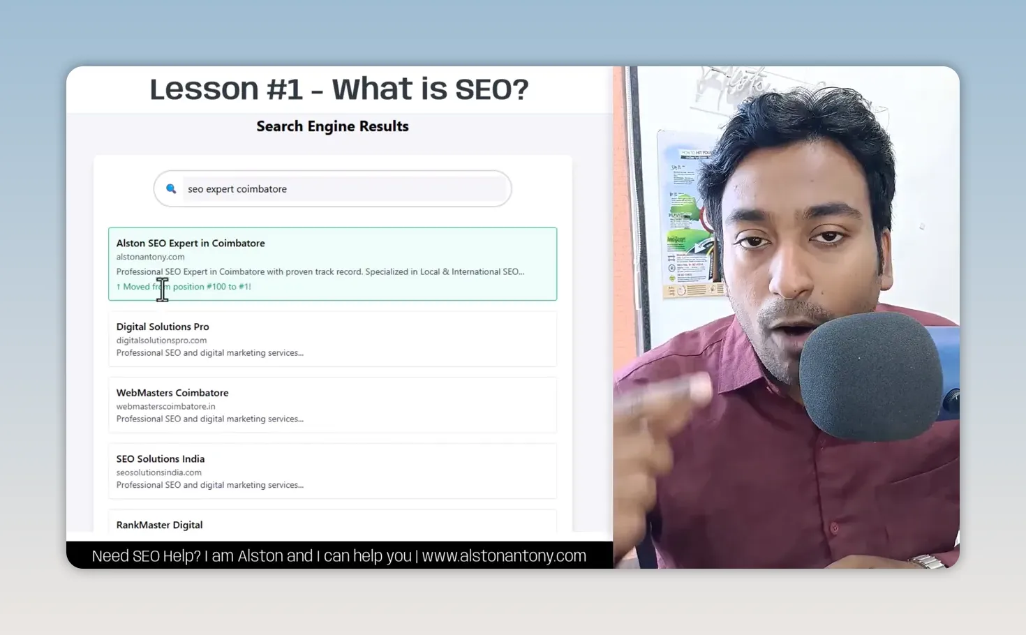 Illustrative search results mock-up from my lesson 1 slide for seo expert coimbatore, with my listing highlighted as moving from position 100 to 1
