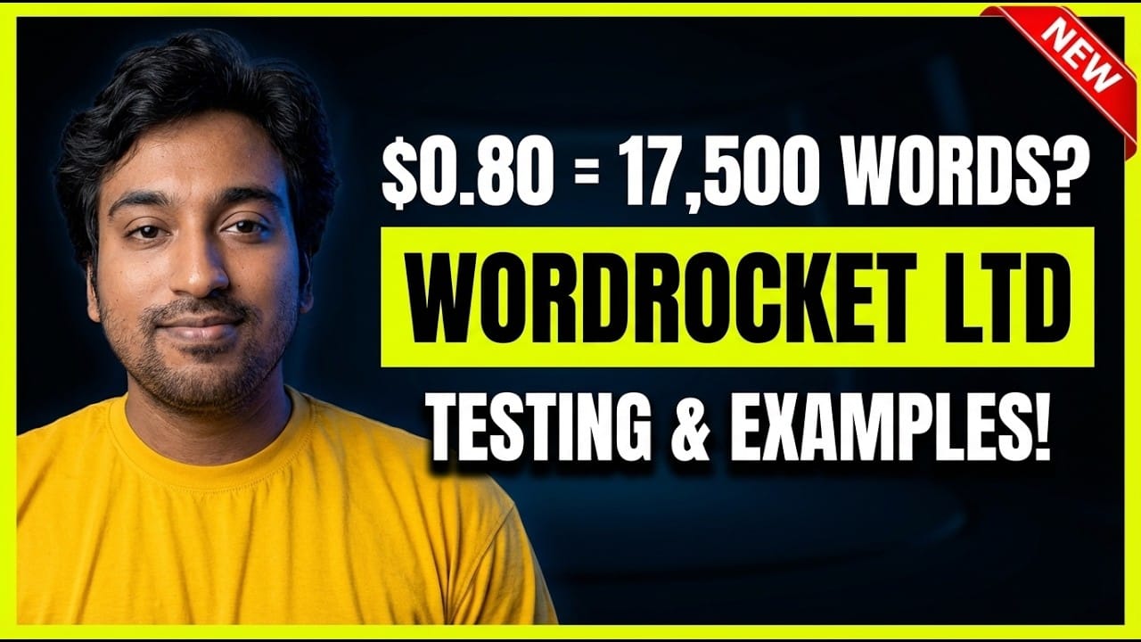 WordRocket review video thumbnail reading $0.80 = 17,500 Words, WordRocket LTD, Testing and Examples
