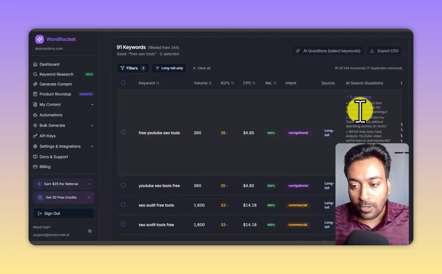 WordRocket keyword research for free seo tools showing 91 of 244 long-tail keywords, with five AI search questions expanded for free youtube seo tools