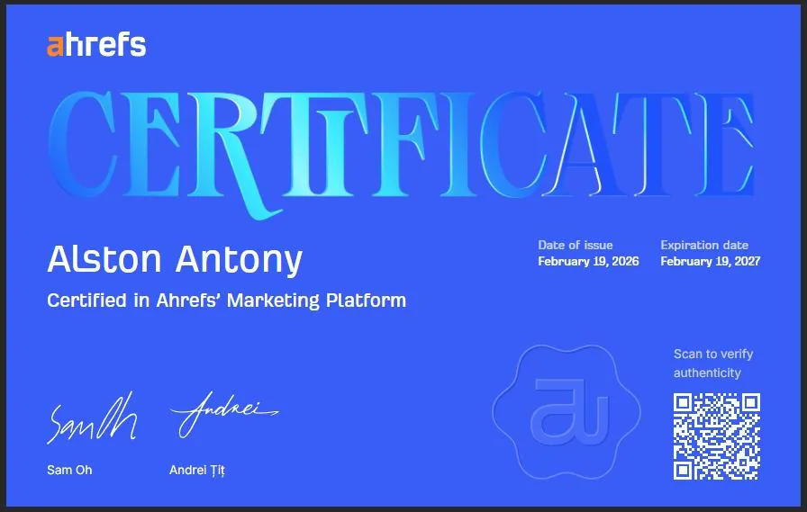 Ahrefs SEO Certified certificate from Ahrefs