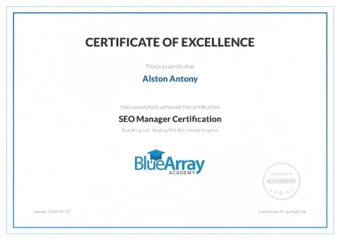 SEO Manager certificate from Blue Array Academy