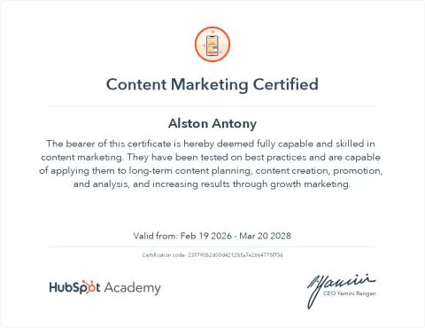 Content Marketing certificate from HubSpot