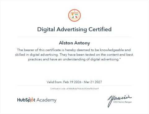 Digital Advertising certificate from HubSpot