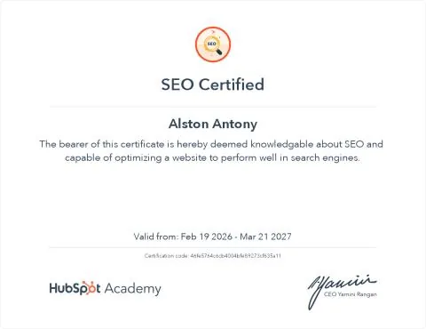SEO Certified certificate from HubSpot