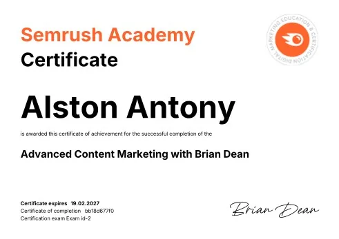 Advanced Content Marketing certificate from Semrush