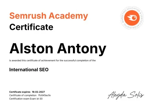 International SEO certificate from Semrush