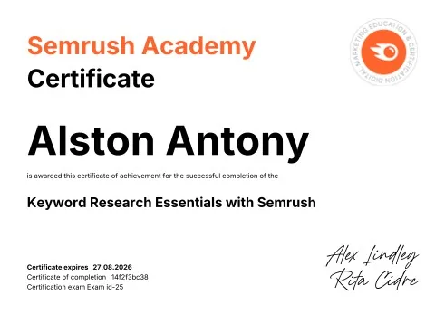 Keyword Research certificate from Semrush