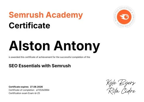 SEO Essentials certificate from Semrush