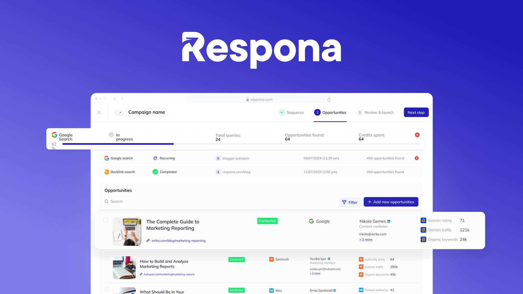 Respona link building outreach dashboard with prospect finder and email sequences