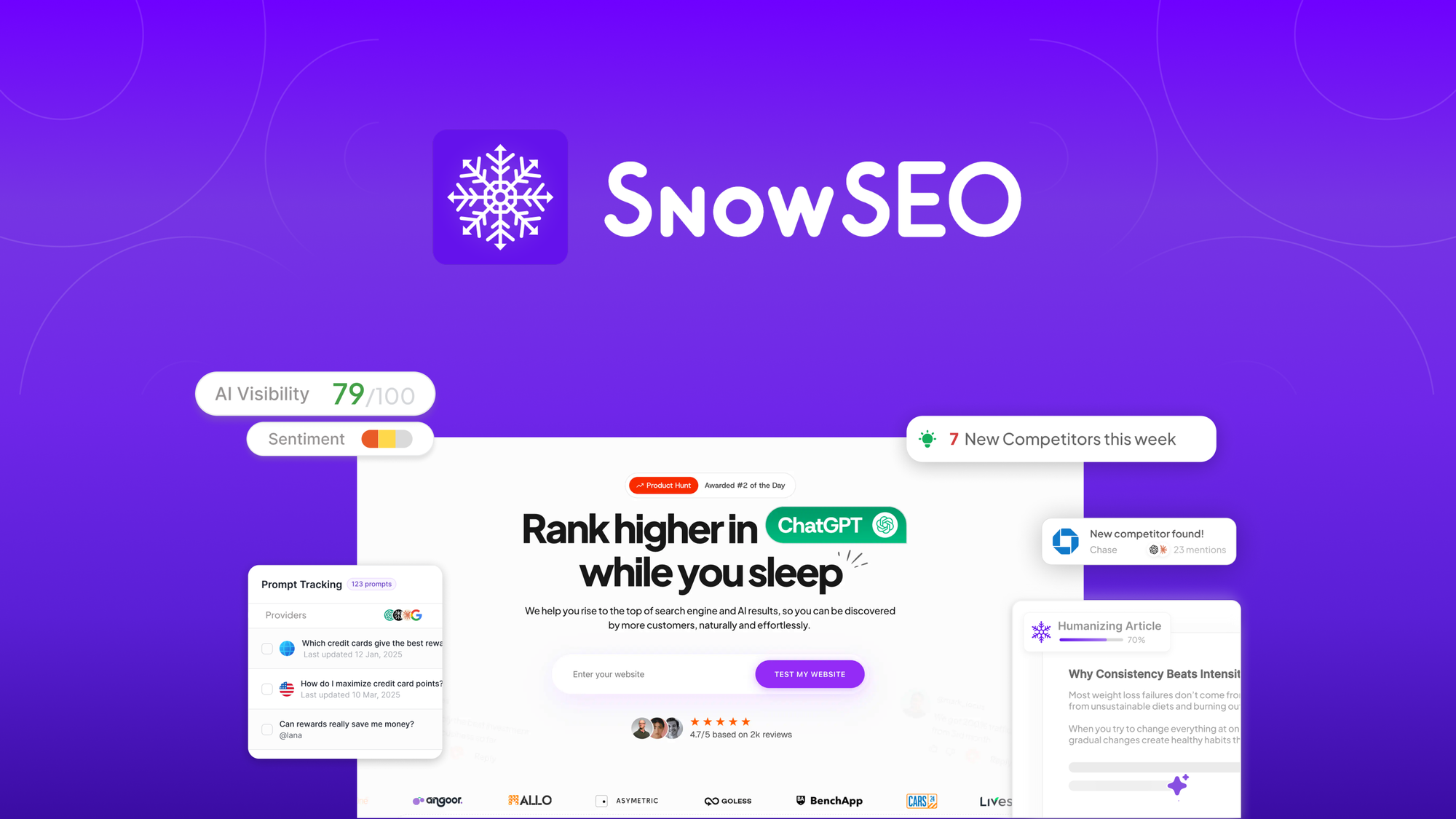 SnowSEO AI SEO suite showing keyword research and content optimization