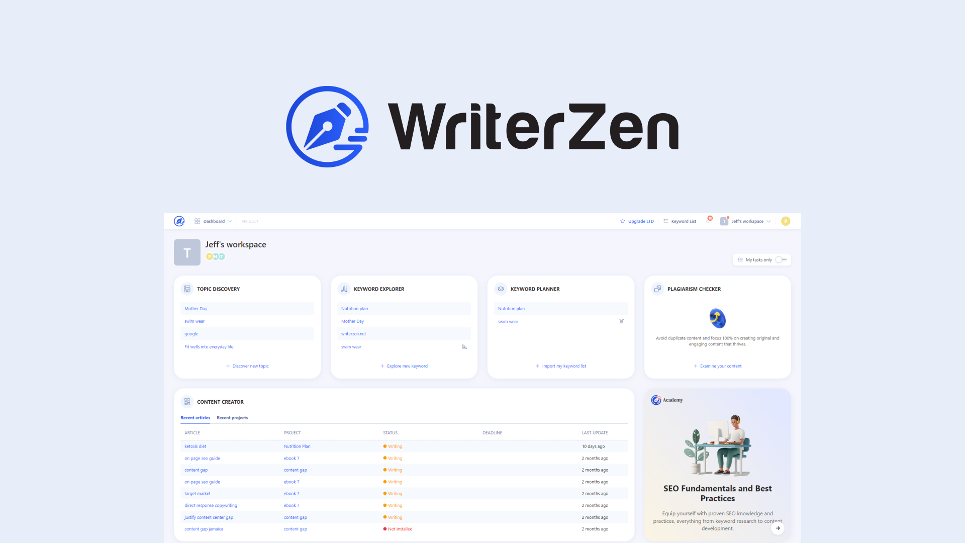 WriterZen SEO content workflow with keyword clustering and content briefs
