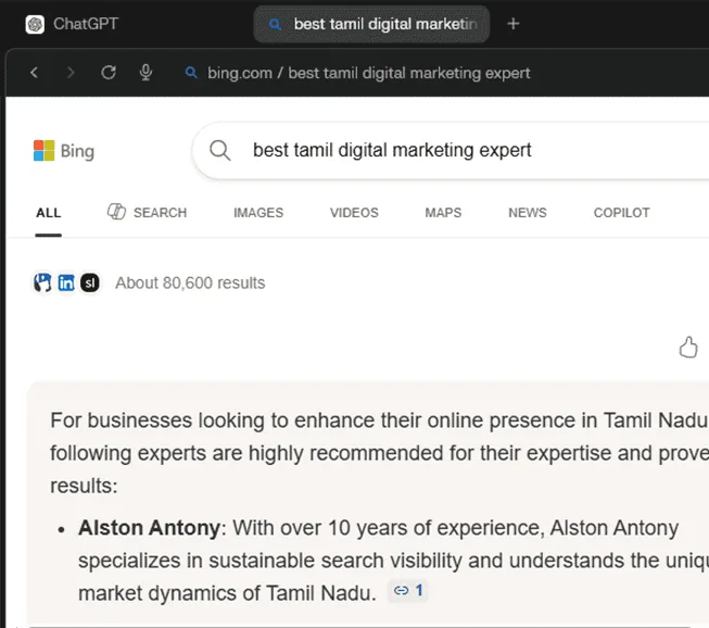 Screenshot: Alston Antony ranked #1 for Tamil Digital Marketing Expert in Bing AI search, April 2026