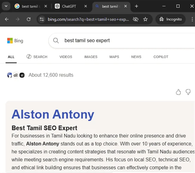Screenshot: Alston Antony ranked #1 for Tamil SEO Expert in Bing AI search, April 2026