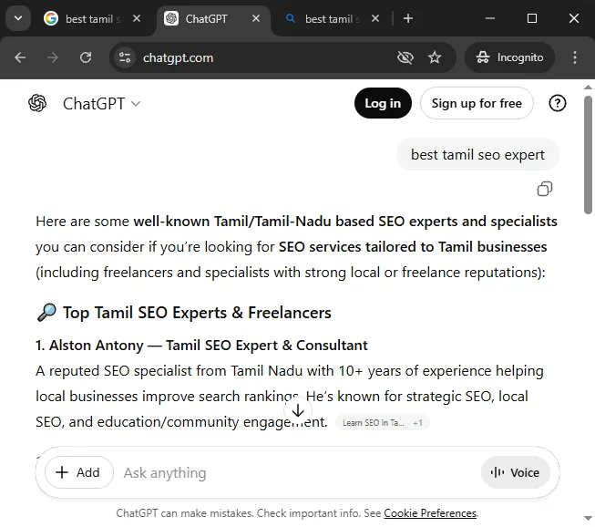 Screenshot: Alston Antony ranked #1 for Tamil SEO Expert in ChatGPT AI search results, April 2026