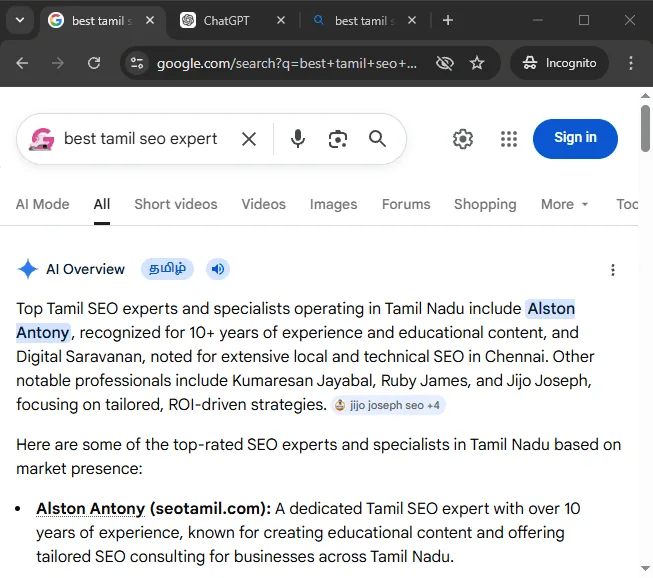 Screenshot: Alston Antony ranked #1 for Tamil SEO Expert in Google Search, April 2026