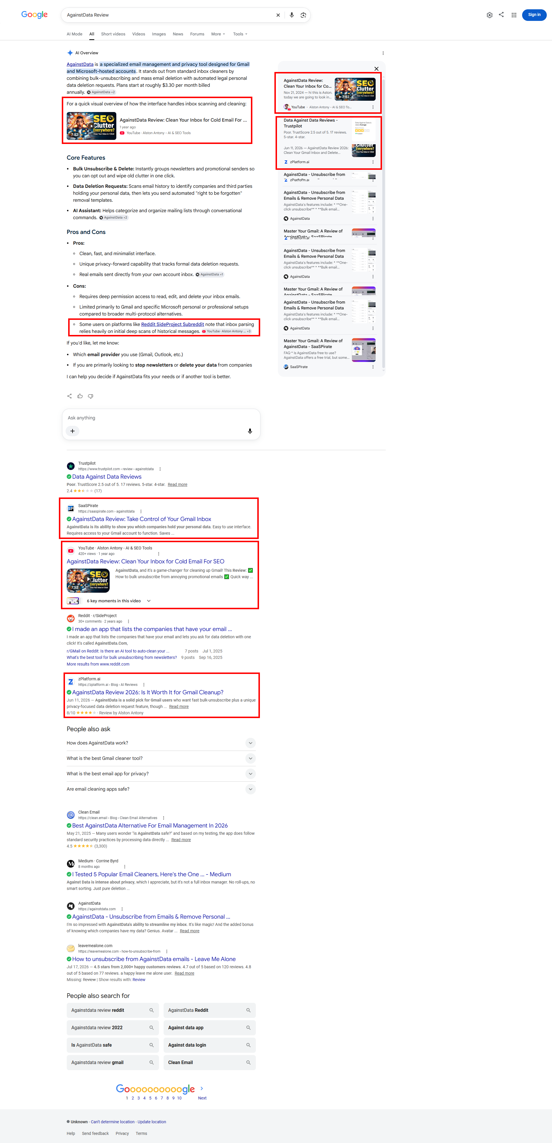 AgainstData review ranking in Google search results
