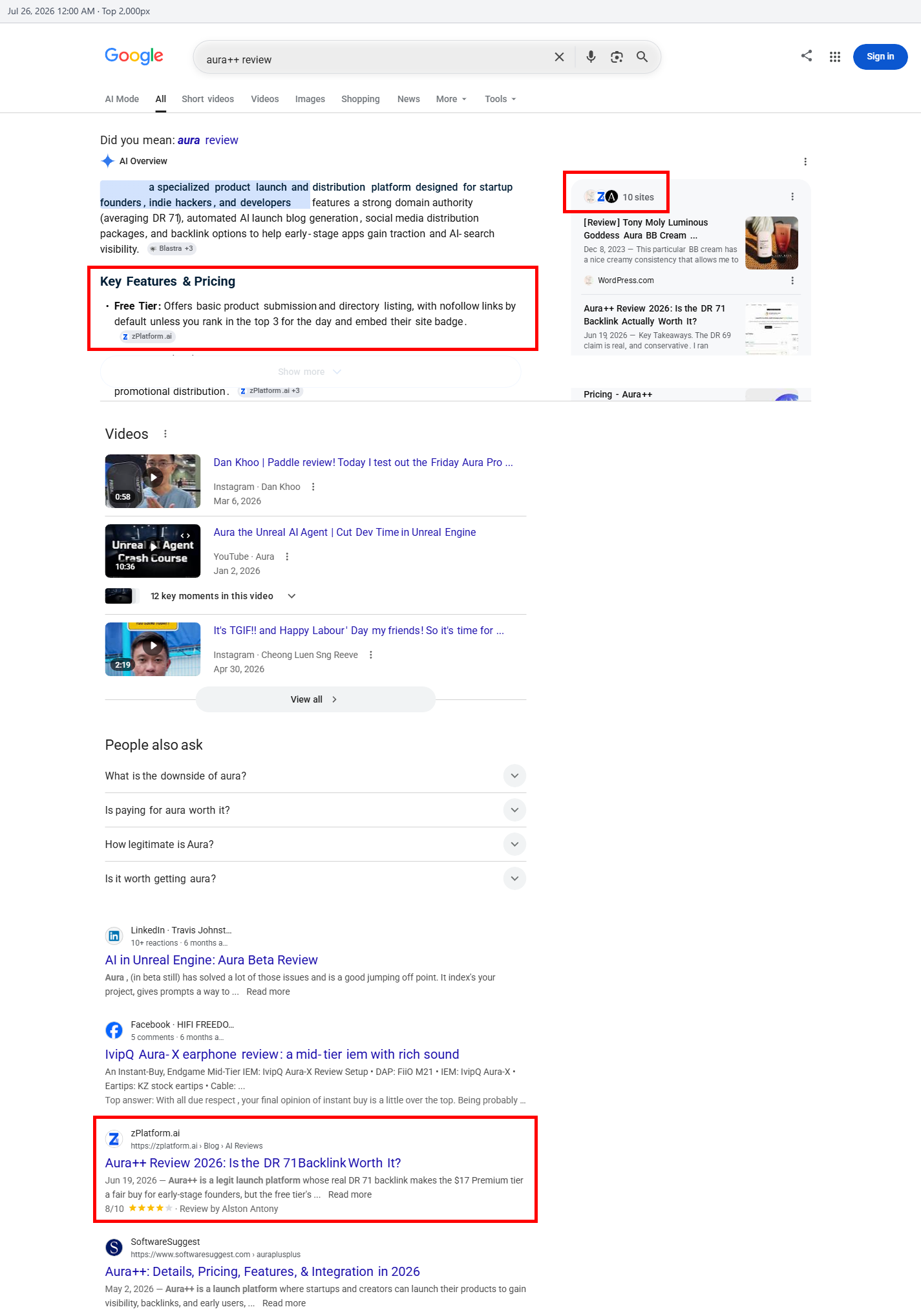 Aura++ review appearing in Google search results