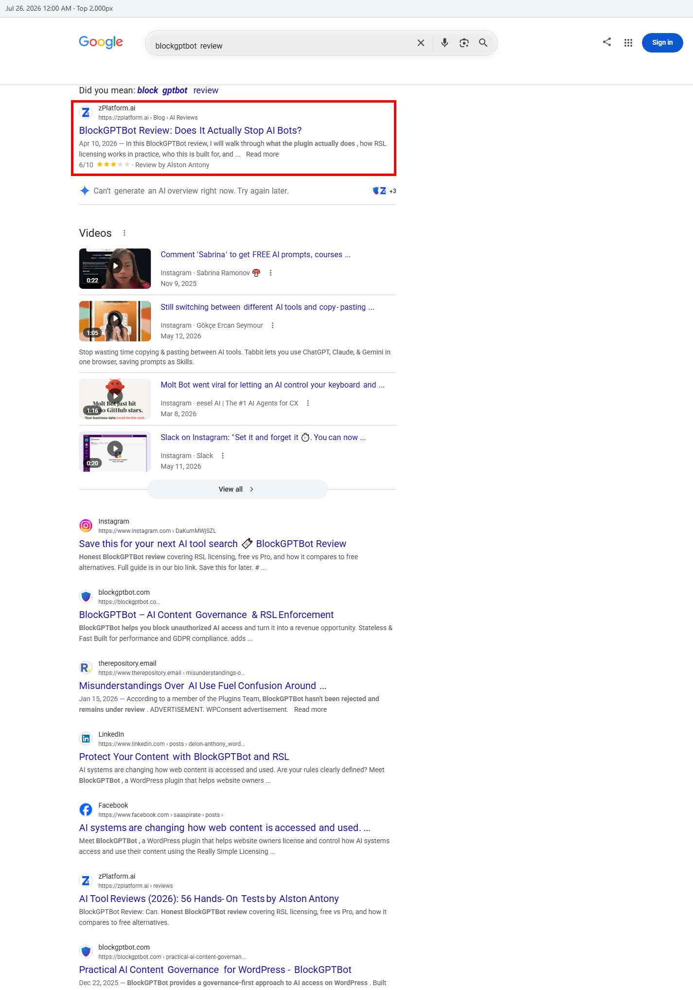 BlockGPTBot review appearing in AI Overviews
