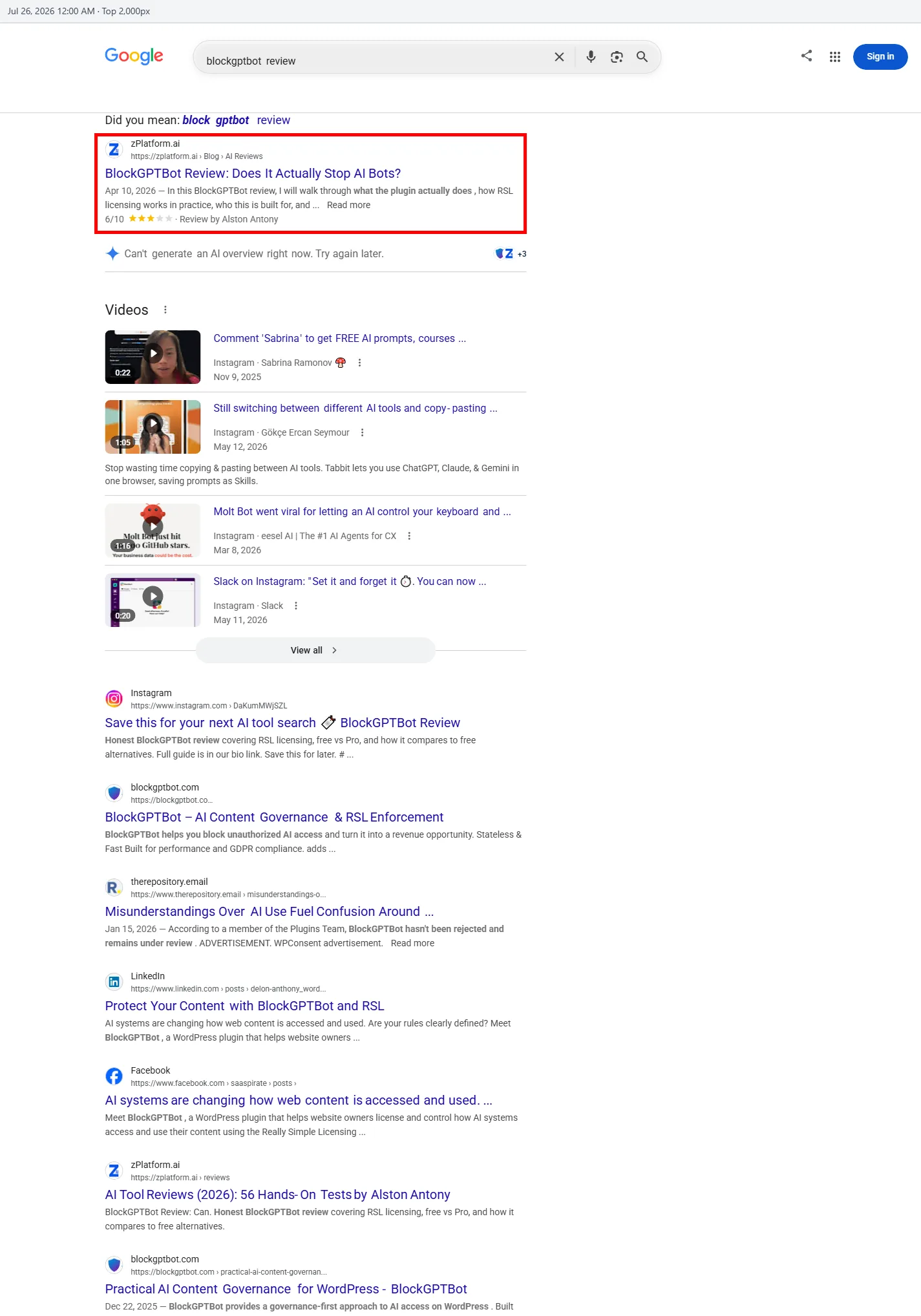 BlockGPTBot review appearing in a Google AI Overview