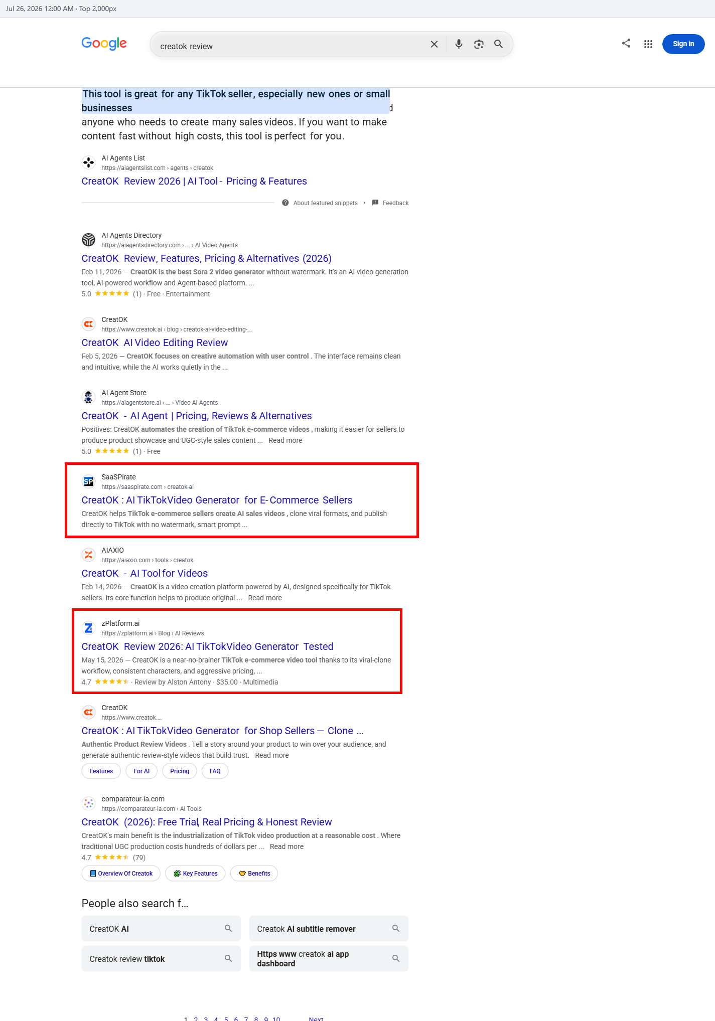 CreatOK review ranking on Google