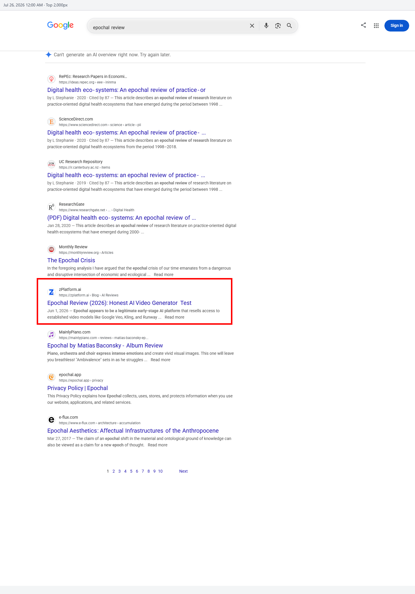Epochal review appearing in Google search and AI answers