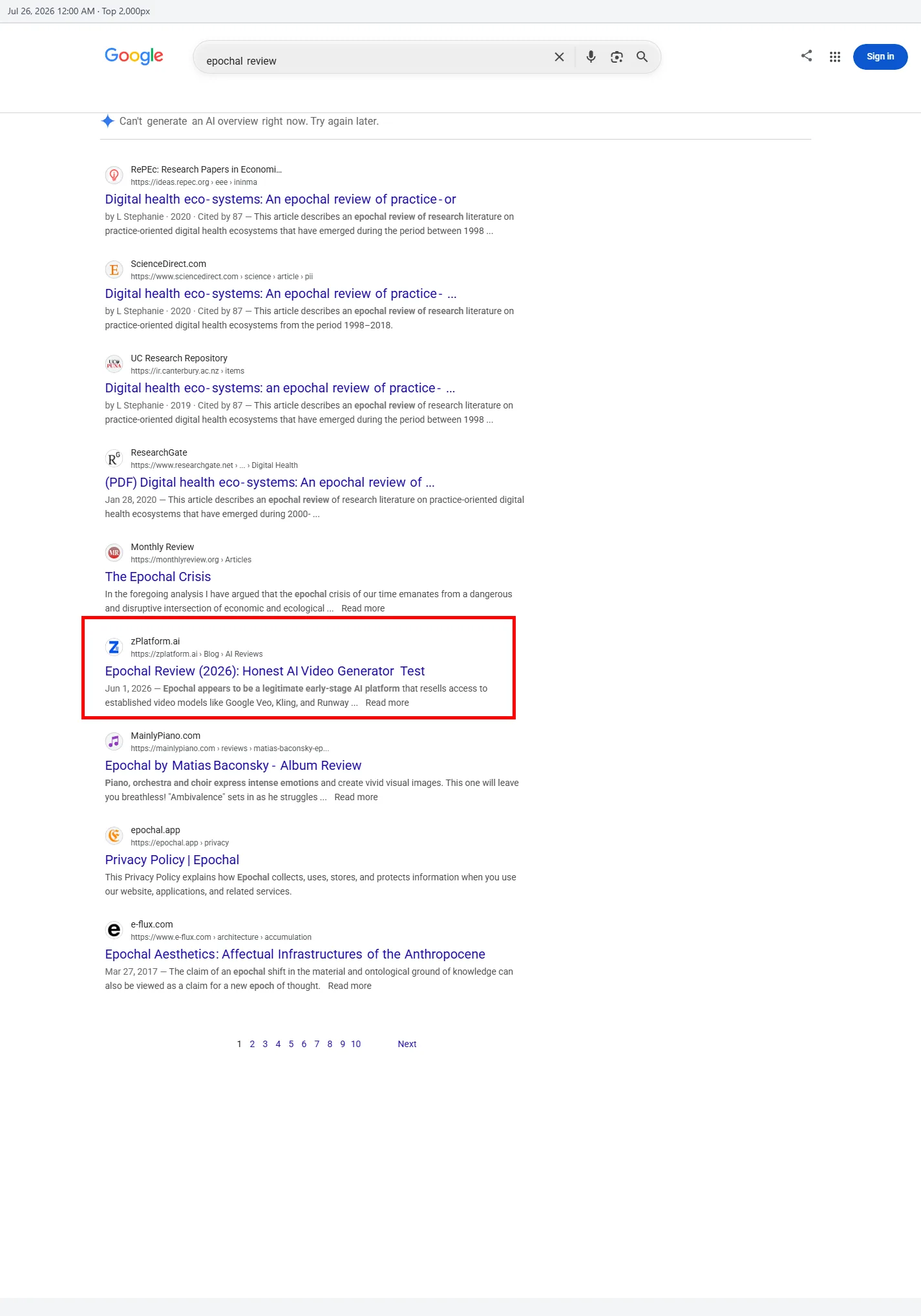 Epochal review appearing in Google search and AI answers