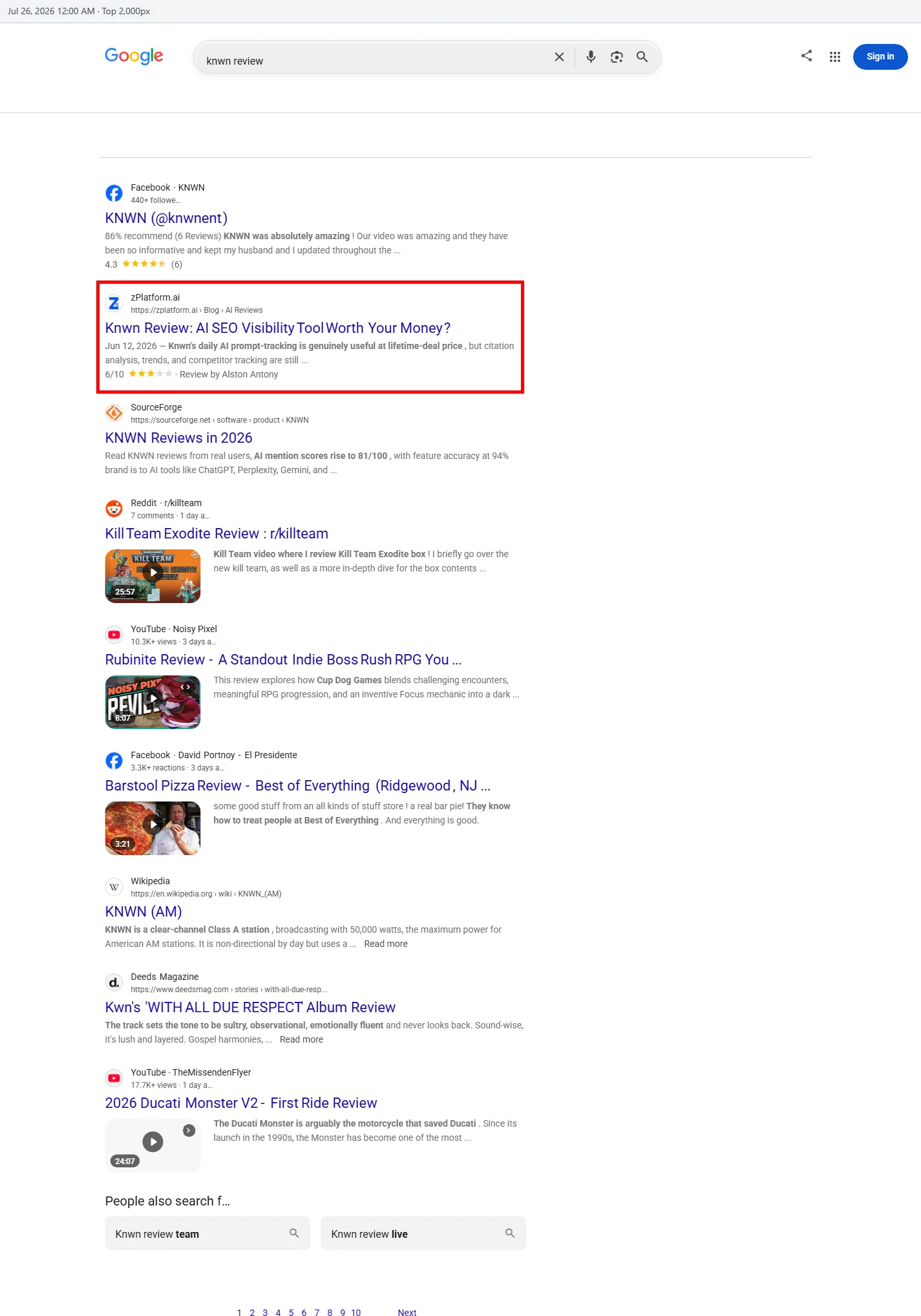 Knwn AI SEO tool review ranking in Google