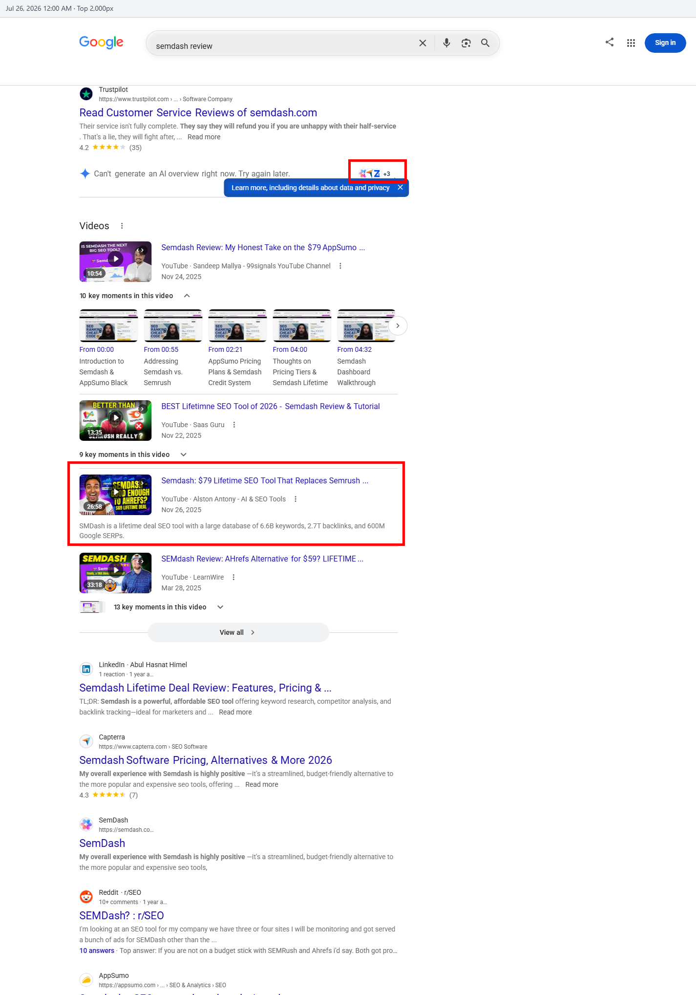 Semdash review ranking in Google video block