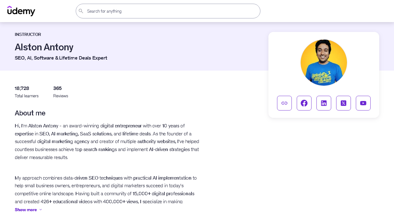 Alston Antony Udemy instructor profile - 18,728 learners, 365 reviews