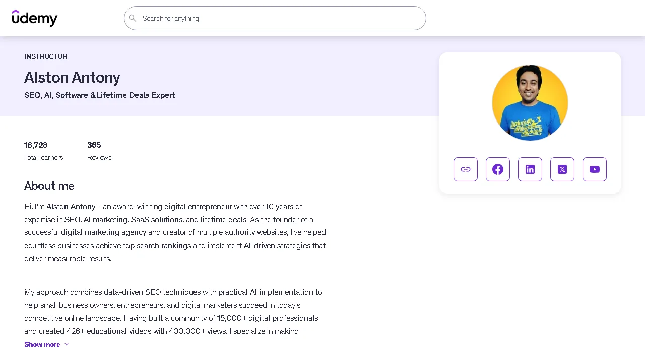 Alston Antony's Udemy instructor profile showing 18,728 learners and 365 reviews