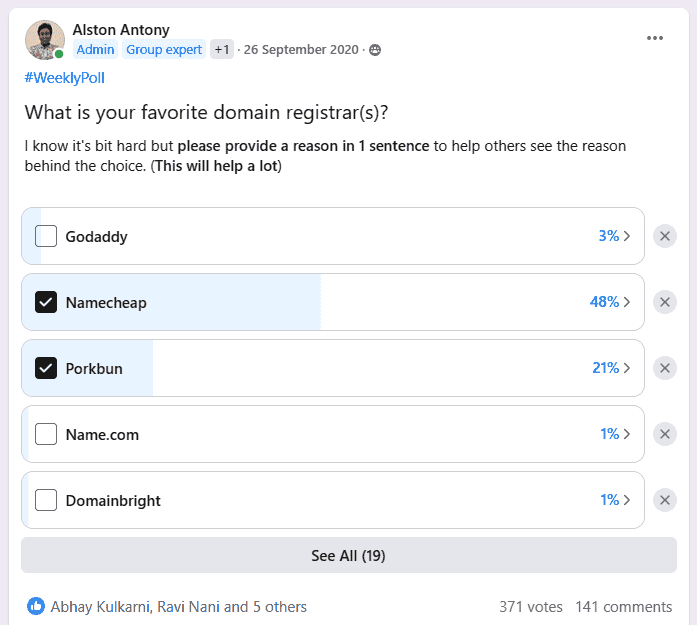 Shows the results of how small business owners voted for their favourite domain registers.