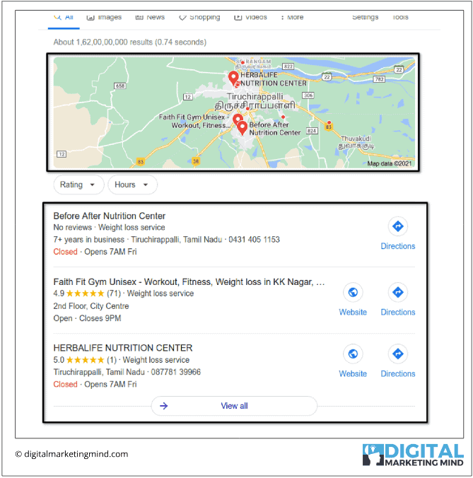 Google search engine local results in SERPS