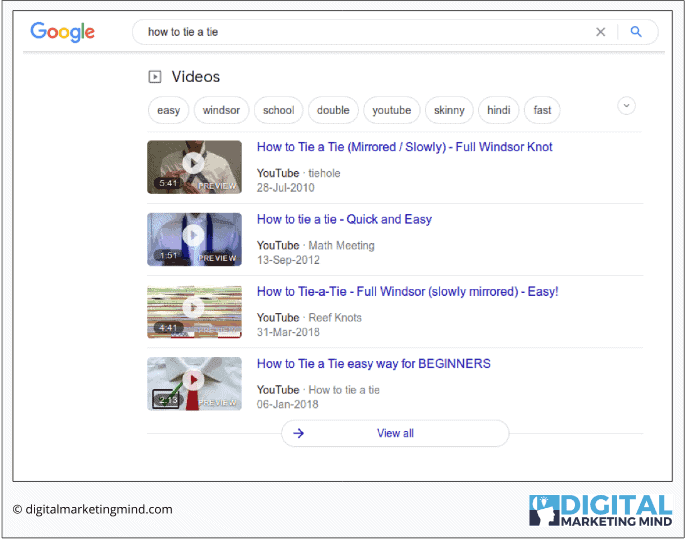 Video snippet in Google search SERP page