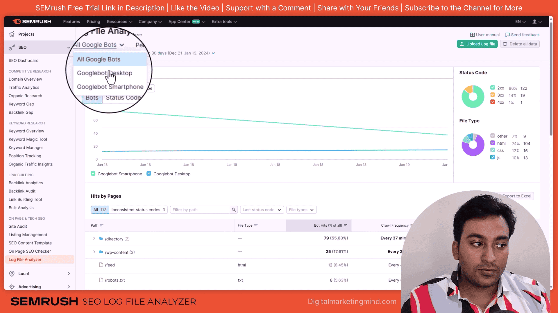 SEMrush’s Log File Analyzer tool