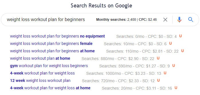 Search results from google