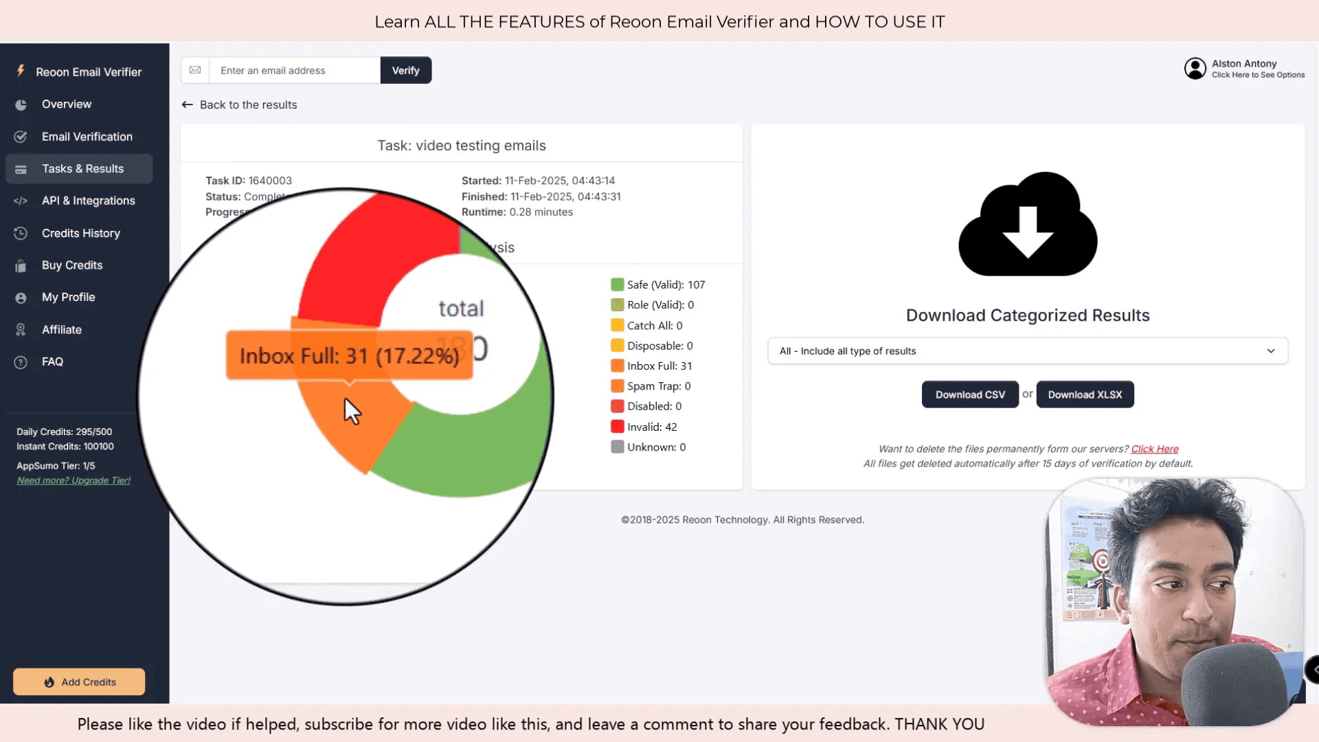 Task and results screen showing email verification statistics