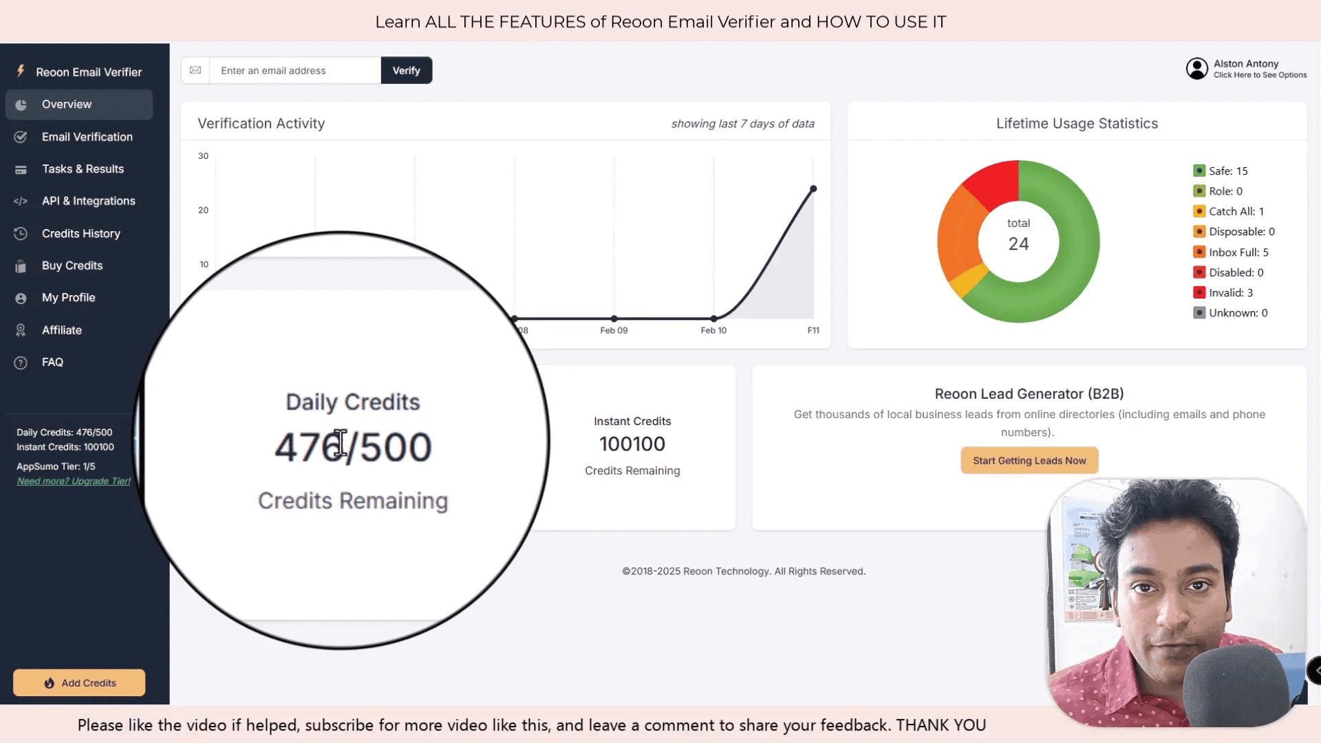 Overview screen showing daily email verification credits