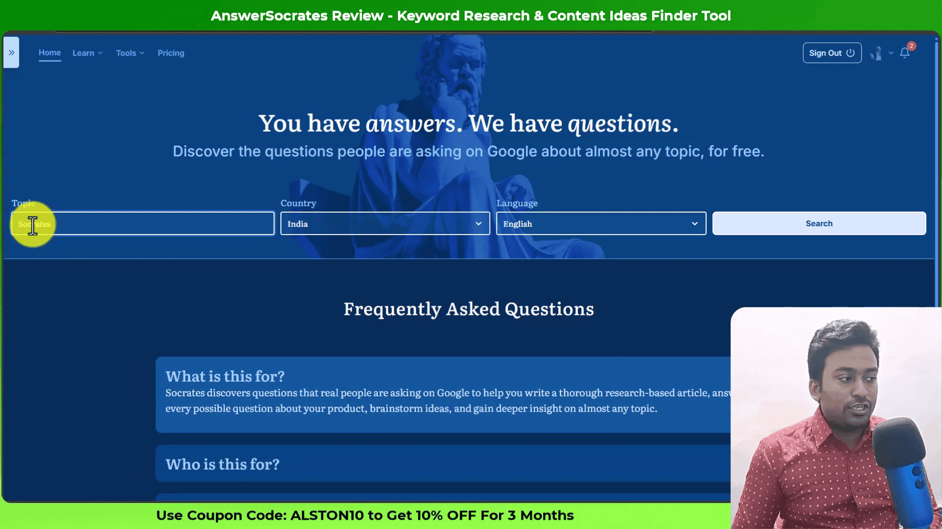 AnswerSocrates dashboard showing keyword research results and frequently asked questions.
