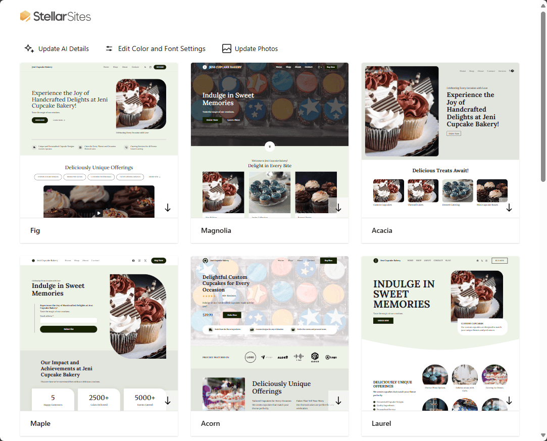 StellarSites website builder interface showing various website templates for a cupcake bakery. StellarSites website builder interface showing various website templates for a cupcake bakery.