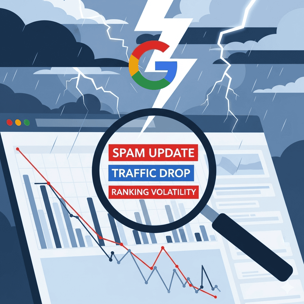Graph shows website traffic drop after Google's August 2025 spam update. Keywords: Spam update, traffic drop, ranking volatility.