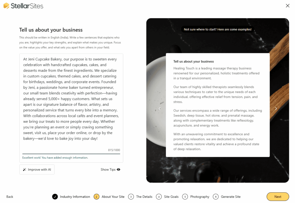 StellarSites website builder interface showing a user creating a website.