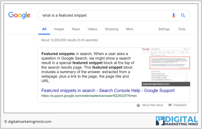 Featured snippet example in Google search results