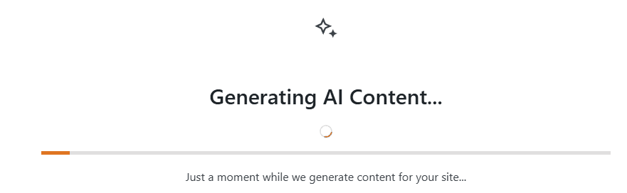Progress bar showing StellarSites AI content generation.