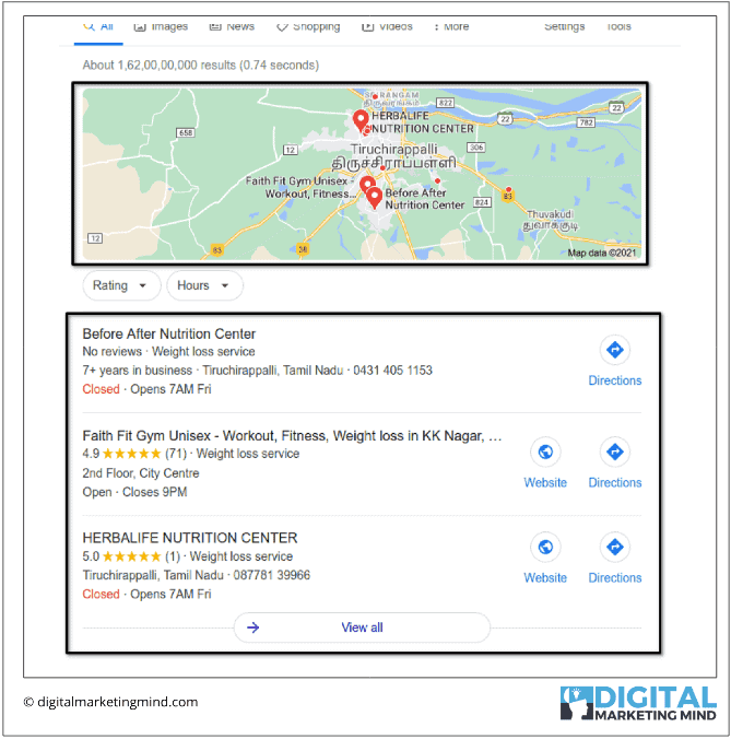 Google local business results and map pack in SERP