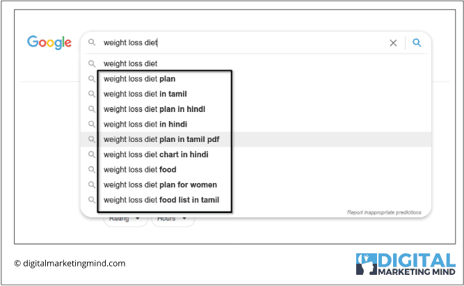 Google auto suggest feature demonstration in SERP