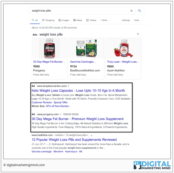 Google PPC ads displayed in SERP pages