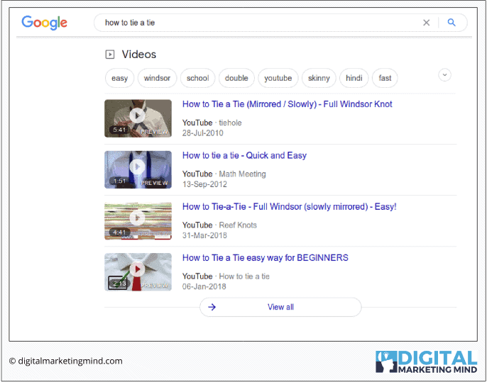 Video snippet results in Google SERP page