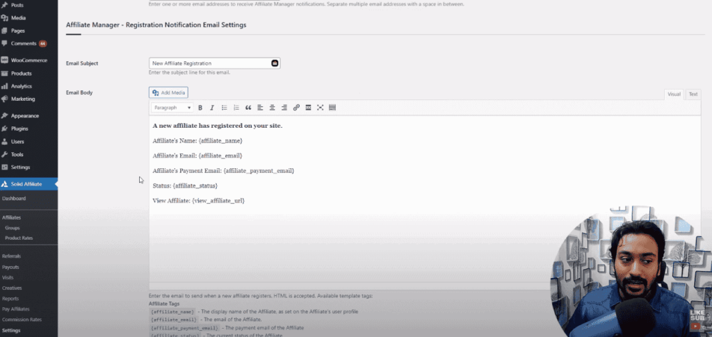 Setup email for affiliates