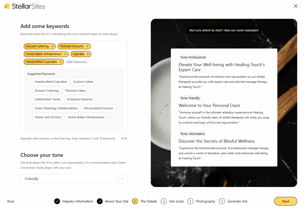 StellarSites AI website builder interface showing keyword selection and tone options.